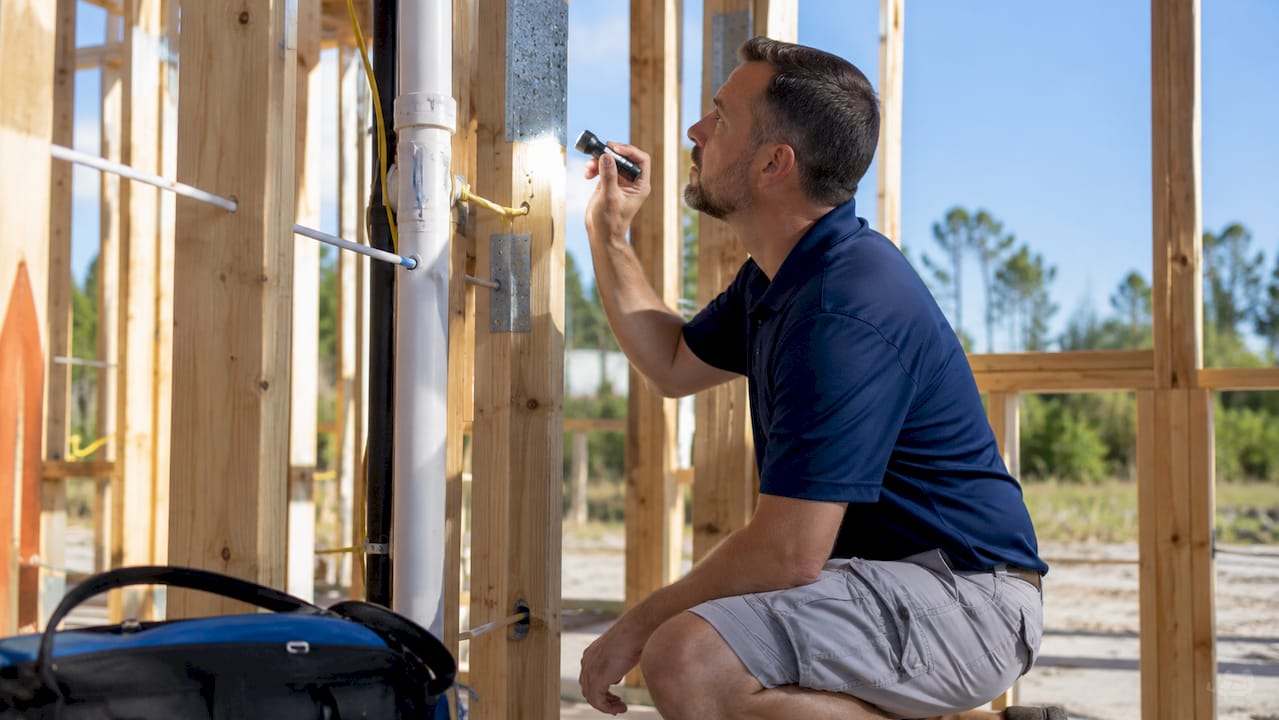 Gulf Coast home inspector examining pre-drywall framing