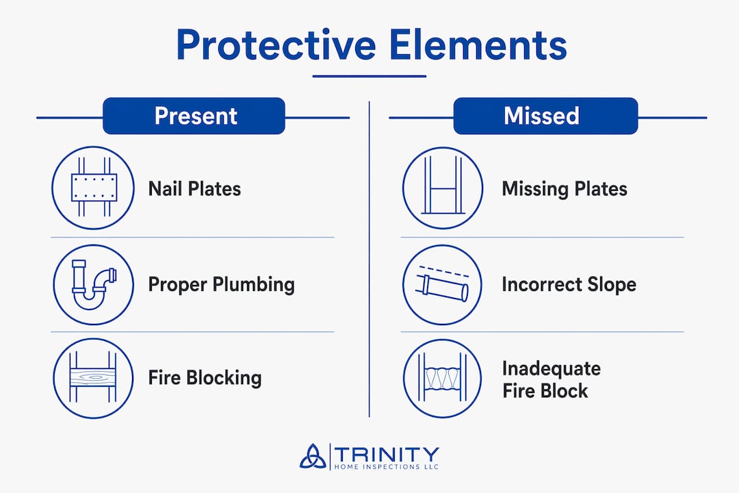 Infographic comparing protective elements present versus missed before drywall