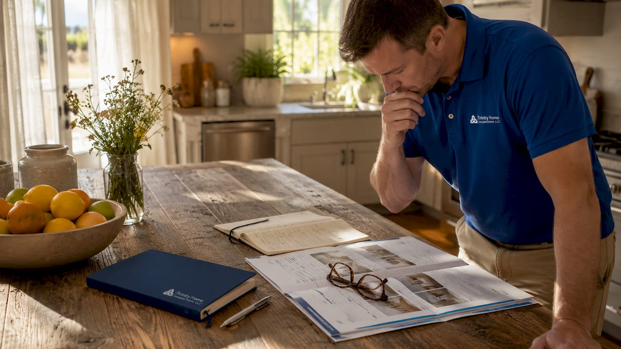 Close-up of Gulf Coast home inspection report on table