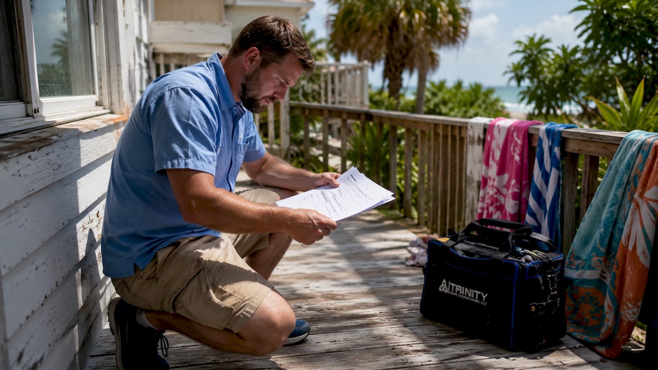 Home inspector reviewing Gulf Coast Alabama house exterior