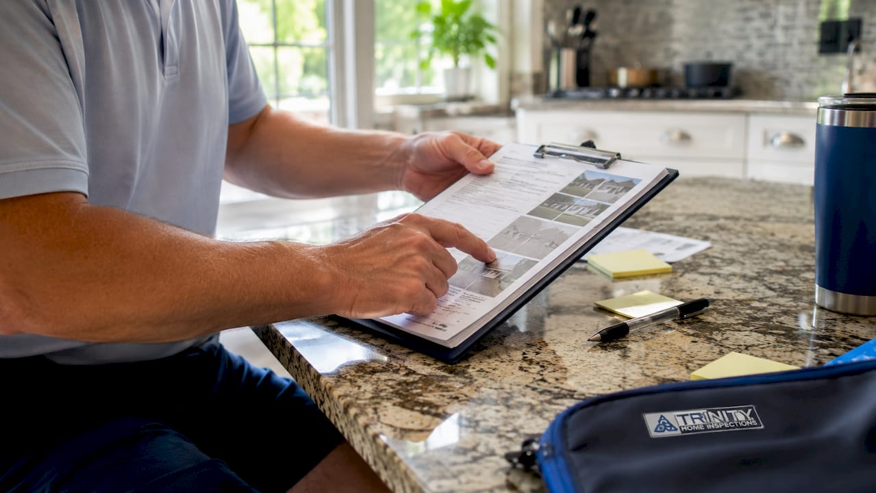 Close-up inspector’s hands with home inspection report