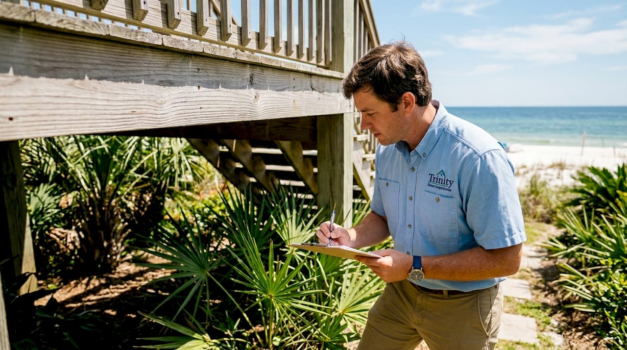 Home inspector examining Alabama Gulf Coast house exterior