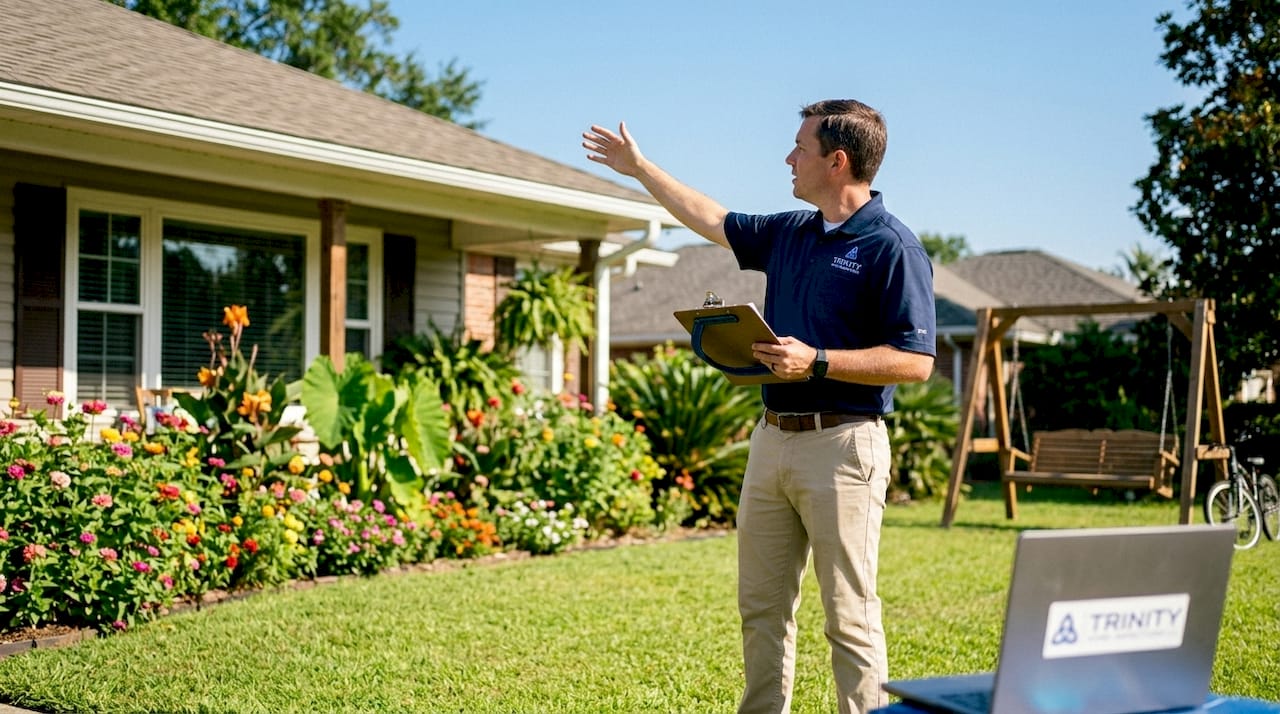 Home inspector outside Alabama house in blue shirt