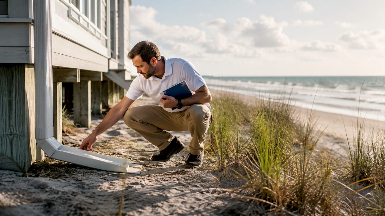 Home inspector examining new build foundation outdoors