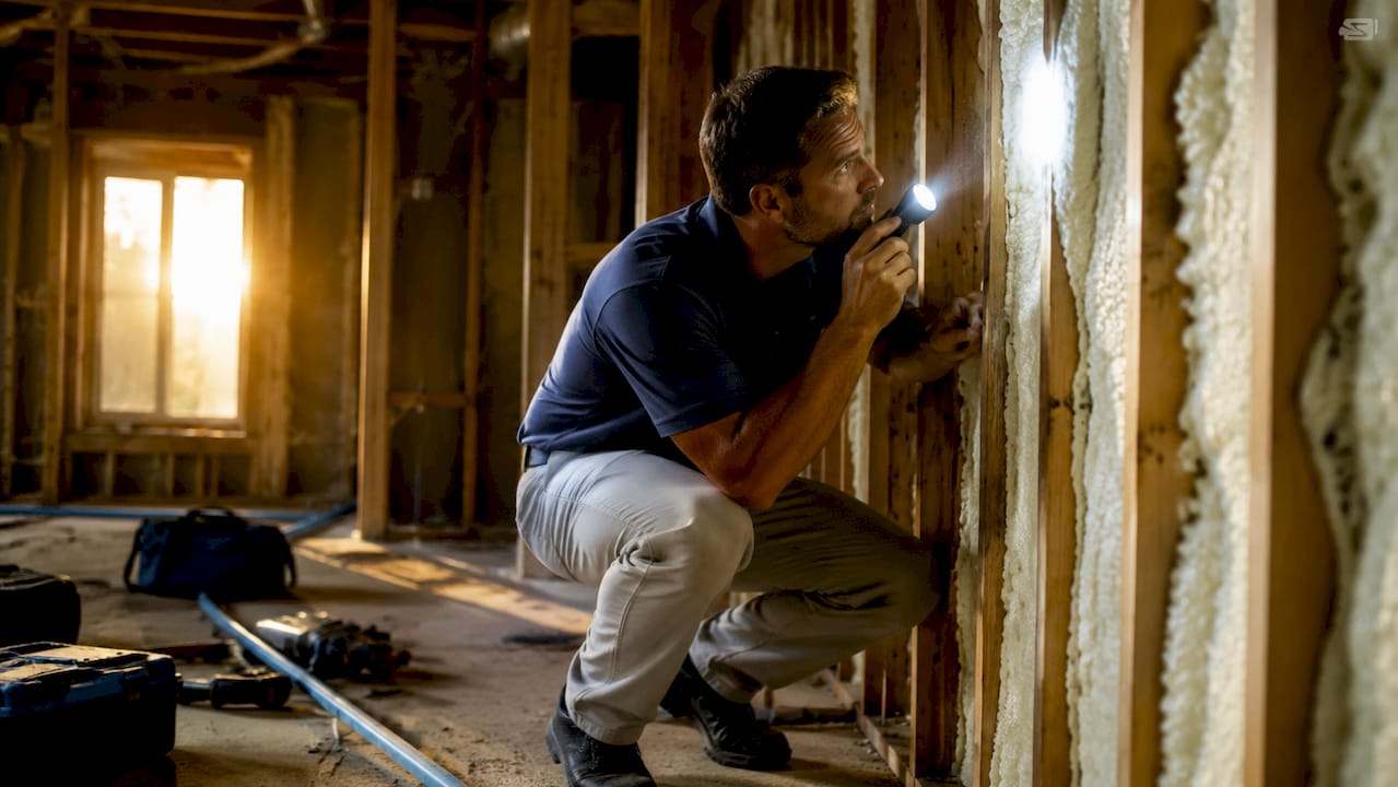 Home inspector checking spray foam insulation indoors