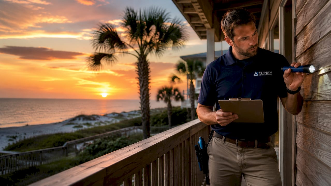 Home inspector examining Gulf Coast house exterior