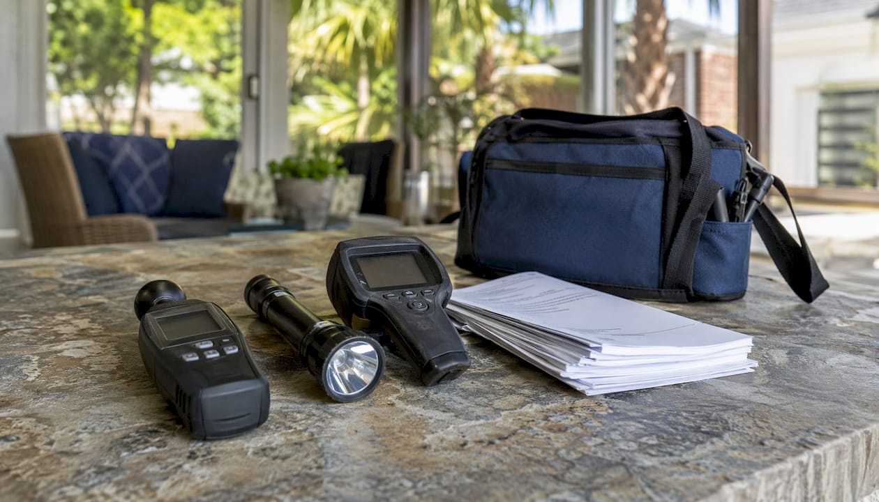 Close-up of home inspection tools on porch table