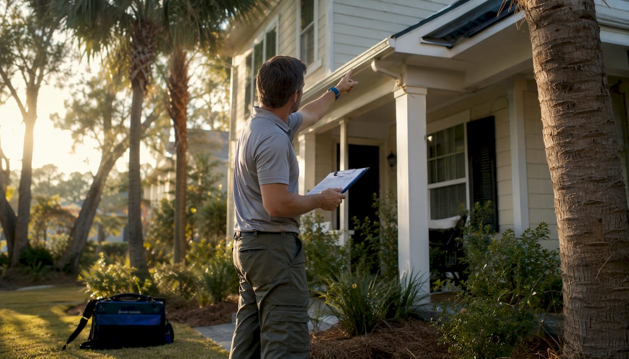 Home inspector at coastal Alabama house exterior