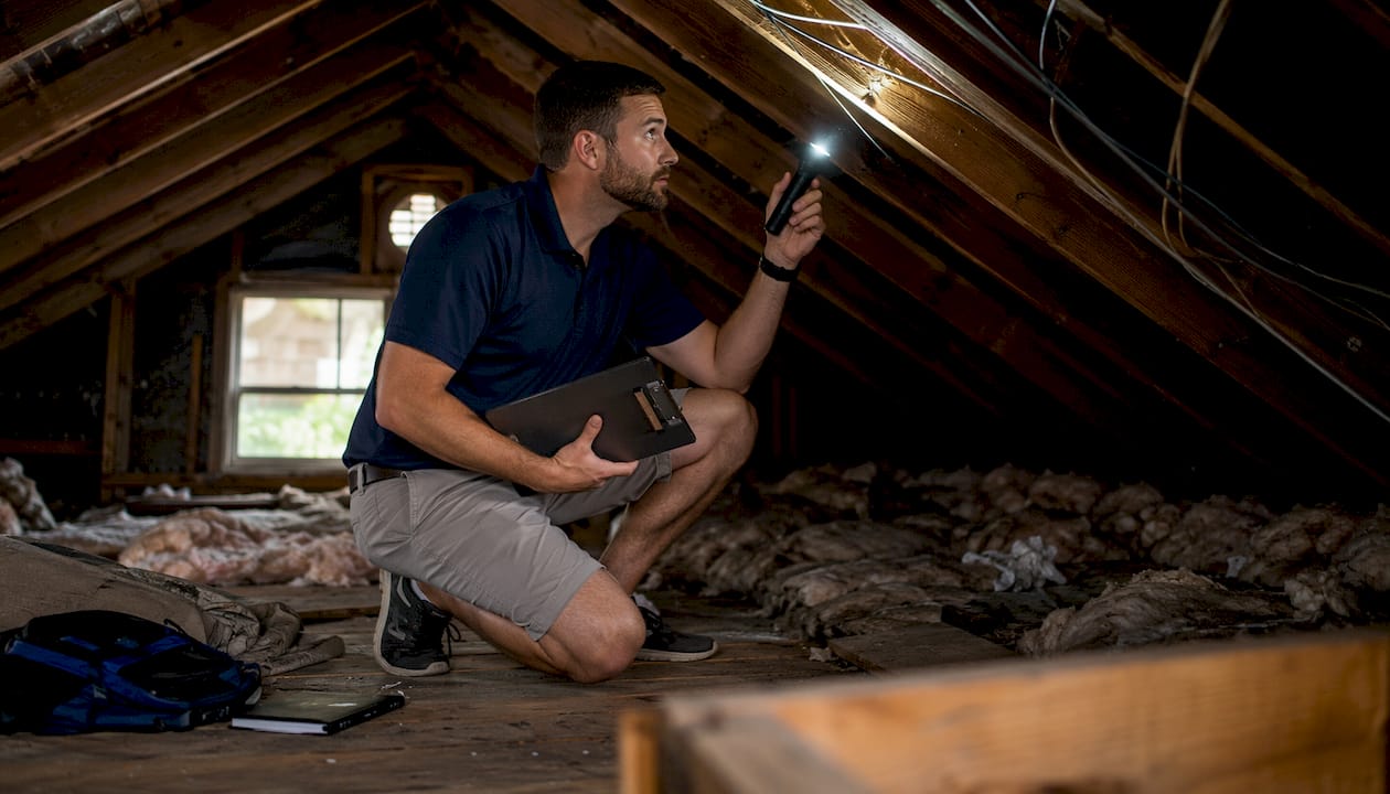 Home inspector examining attic space in Gulf Coast home