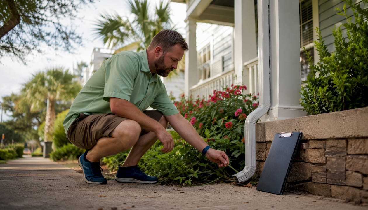 Home inspector examining Gulf Coast house exterior