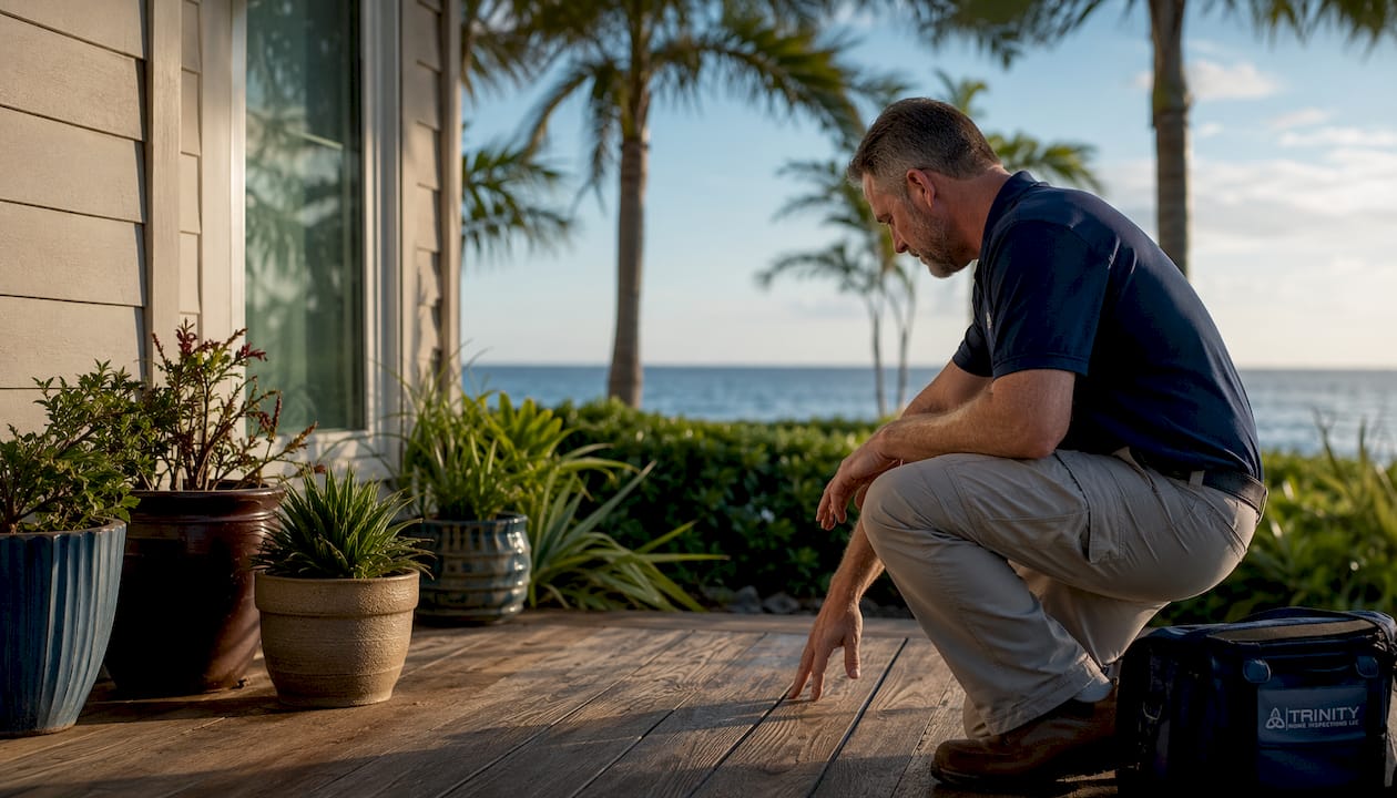 Home inspector examining Gulf Coast house exterior