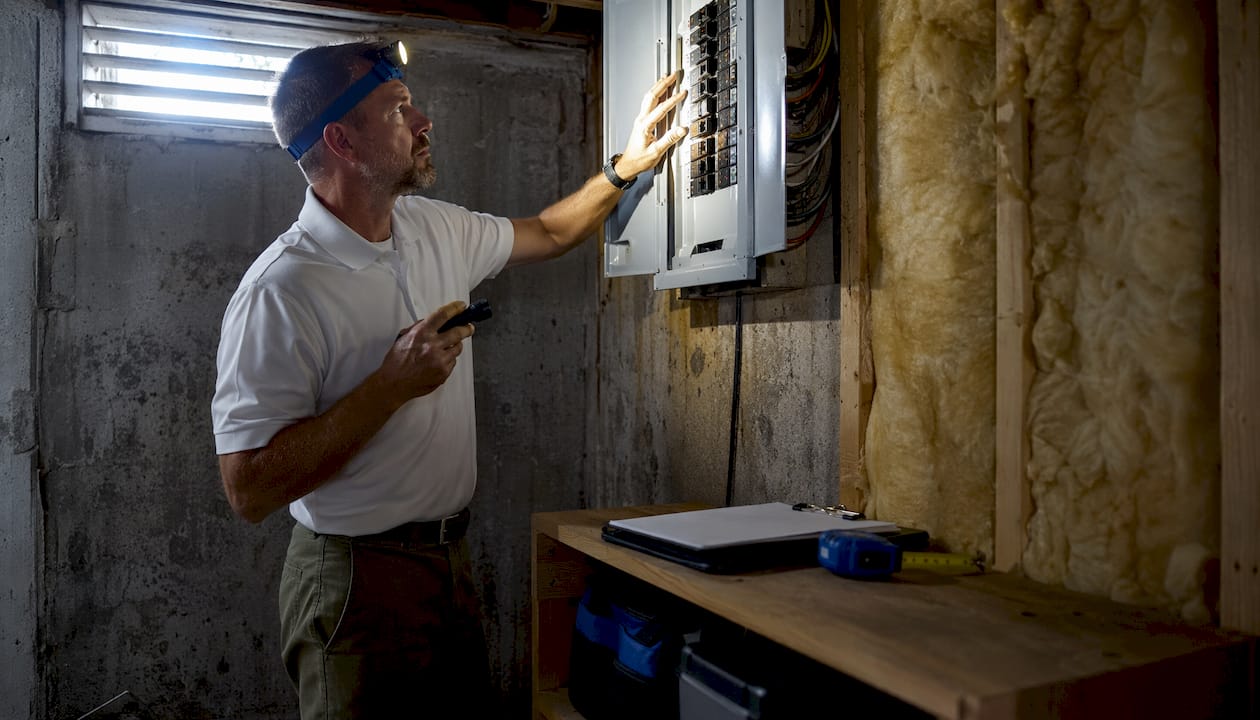 Home inspector checking electrical panel indoors