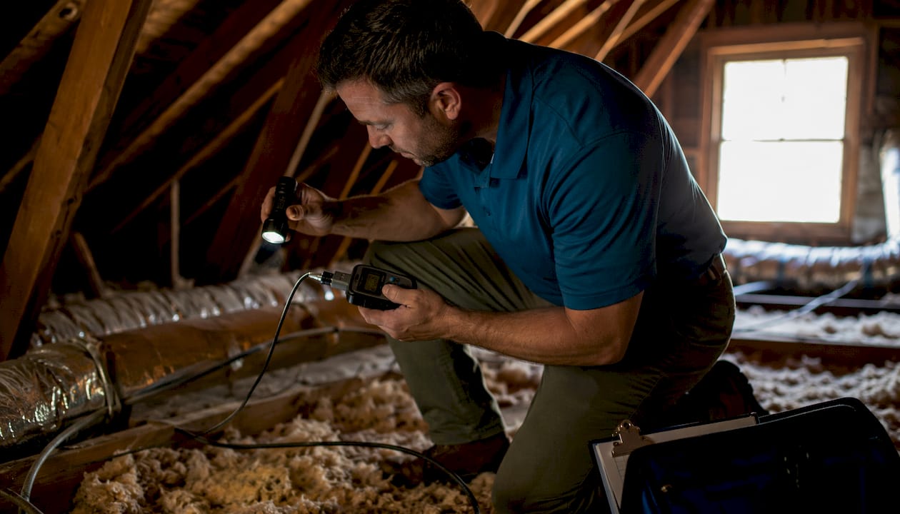 Home inspector examining attic with tools