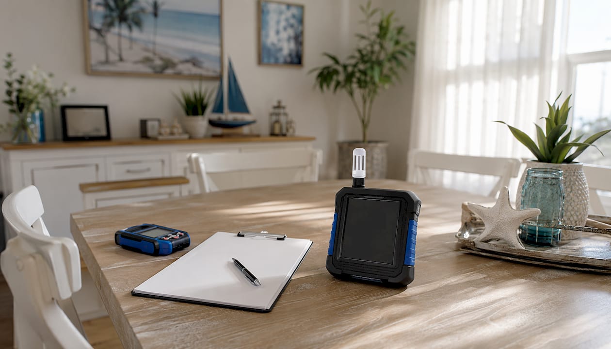 Indoor air quality and moisture inspection tools on counter