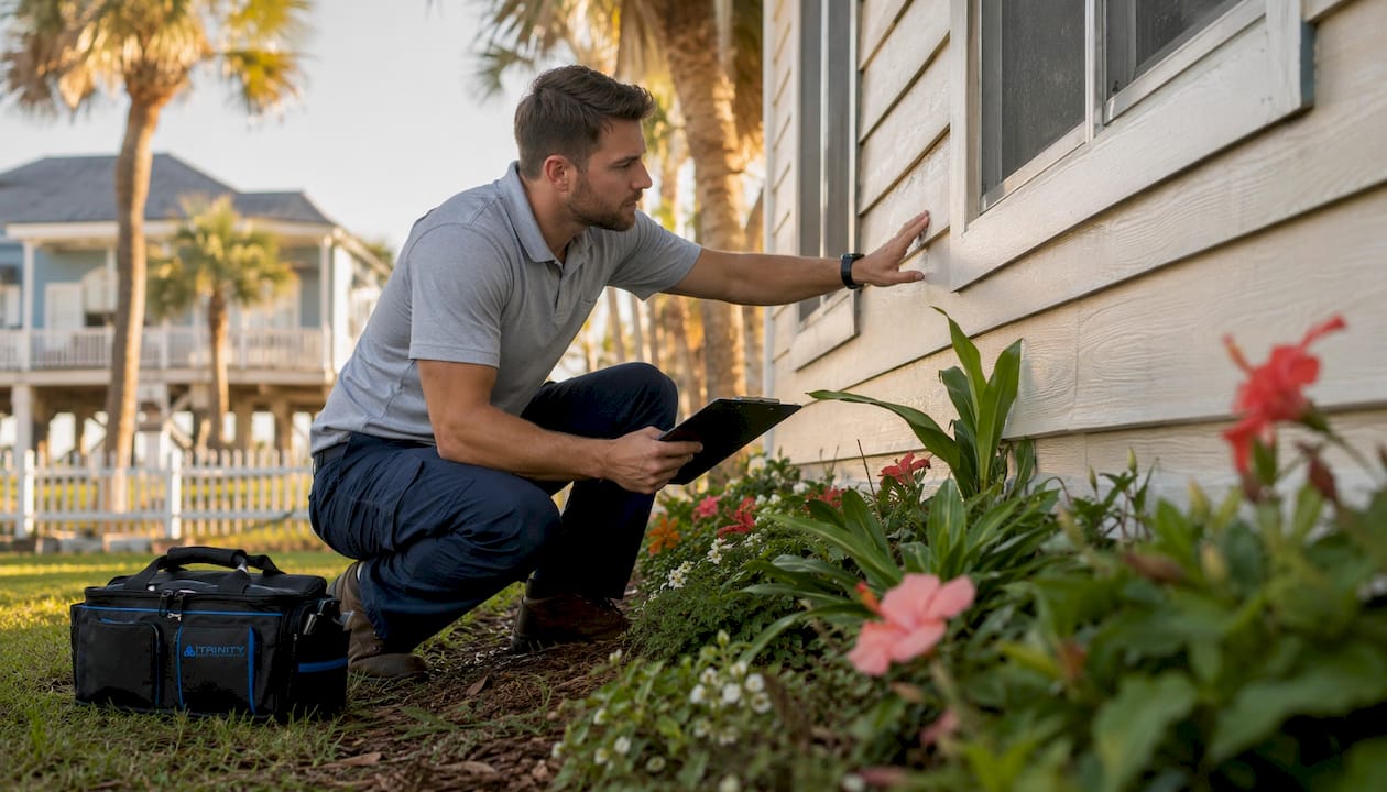 Home inspector checking Gulf Coast house exterior