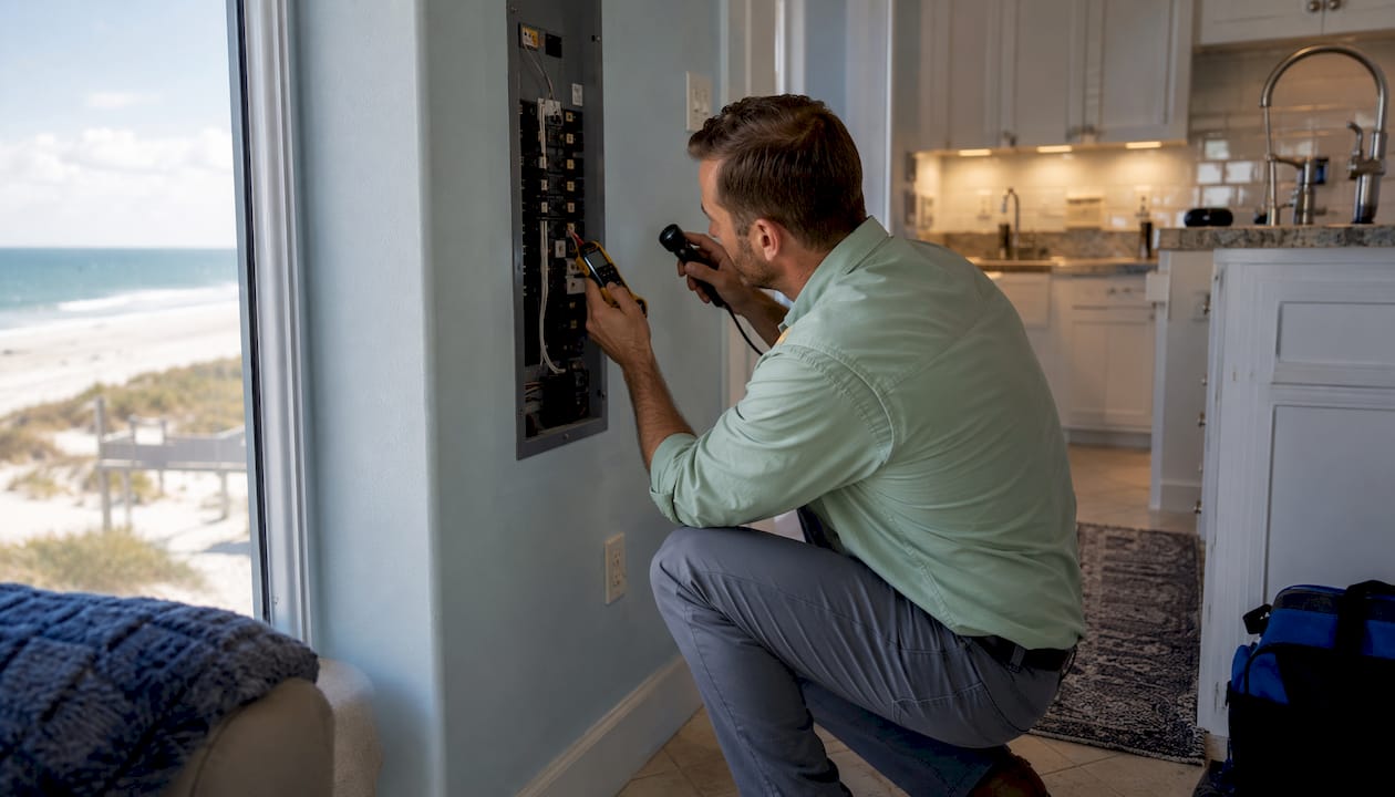 Inspector testing condo electrical panel indoors