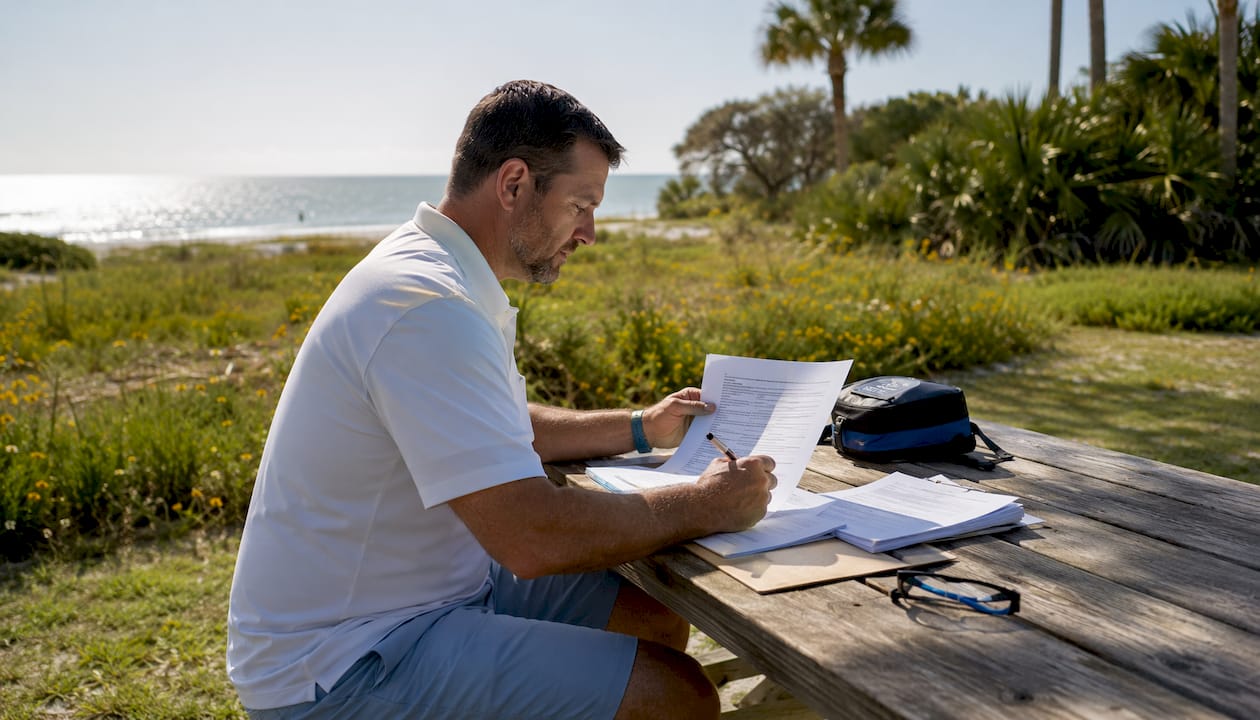 Inspector reviewing condo HOA documents on balcony