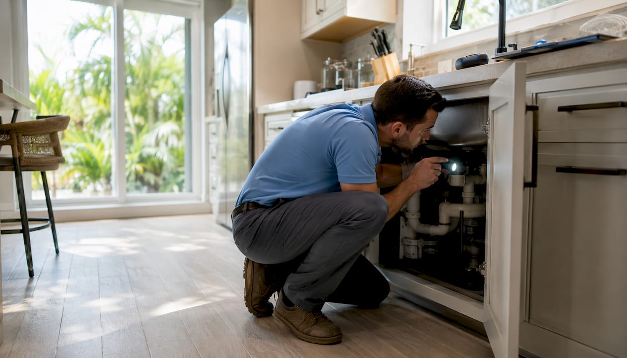Trinity inspector inspecting condo kitchen plumbing