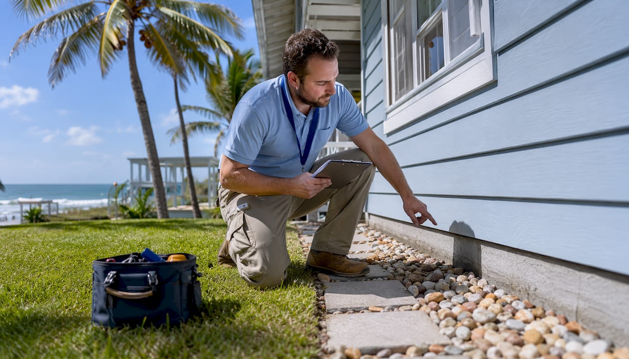 Home inspector examining Gulf Coast home exterior