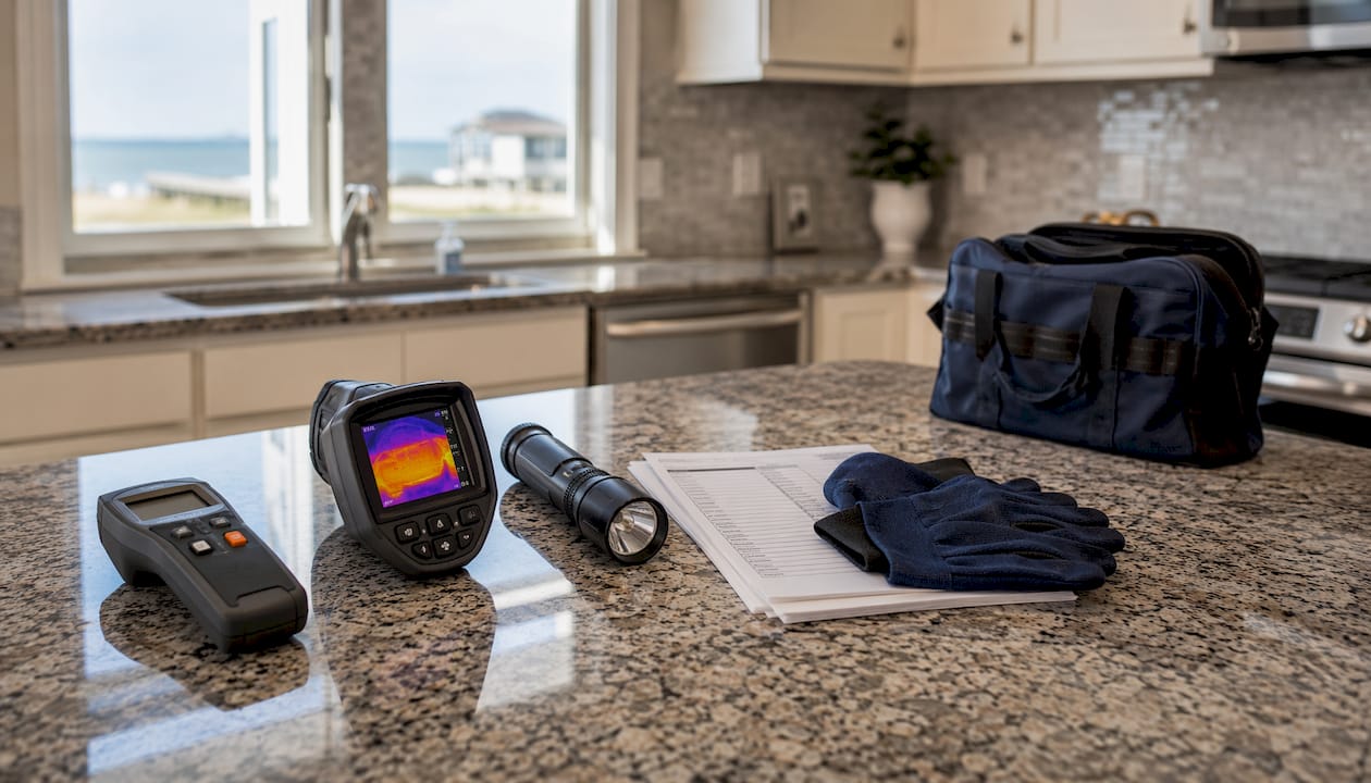 Close-up of home inspection tools on wooden table