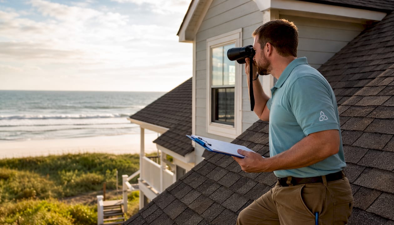 Home inspector examining Gulf Coast house exterior