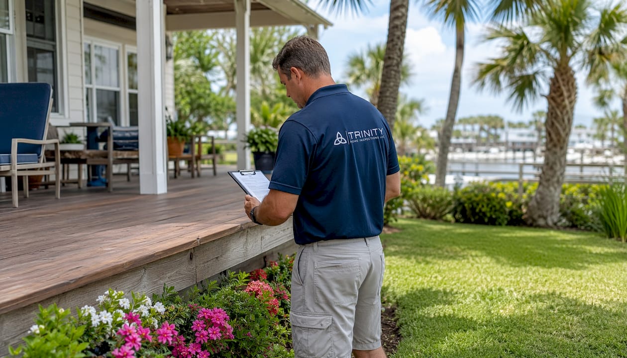 Home inspector examining Gulf Coast house exterior outdoors