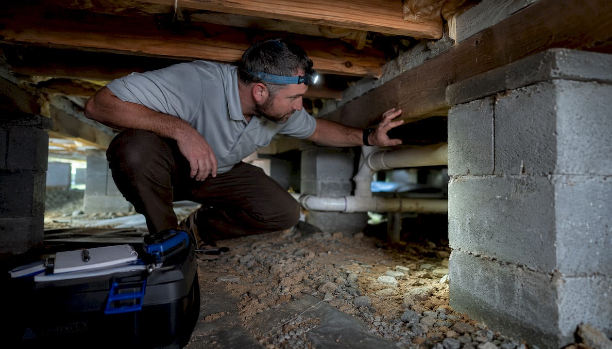 Home inspector examining crawlspace with flashlight