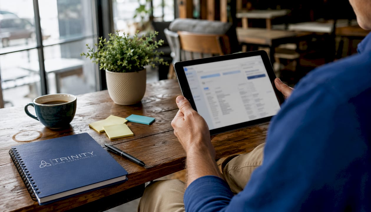 Hands using tablet with rental inspection software indoors