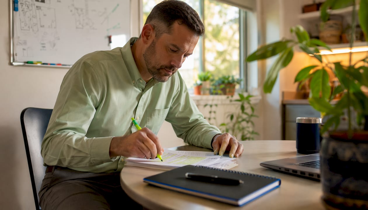 Home inspector reviewing Alabama licensing documents at desk