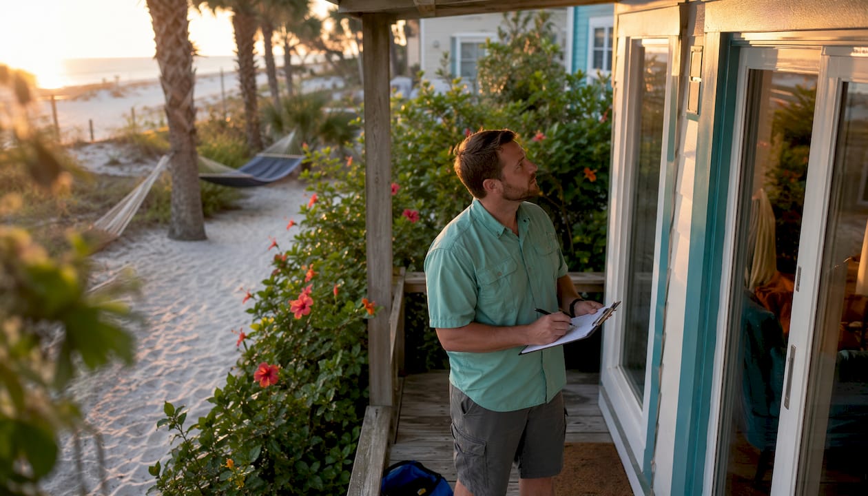 Home inspector examining Gulf Coast Alabama home exterior