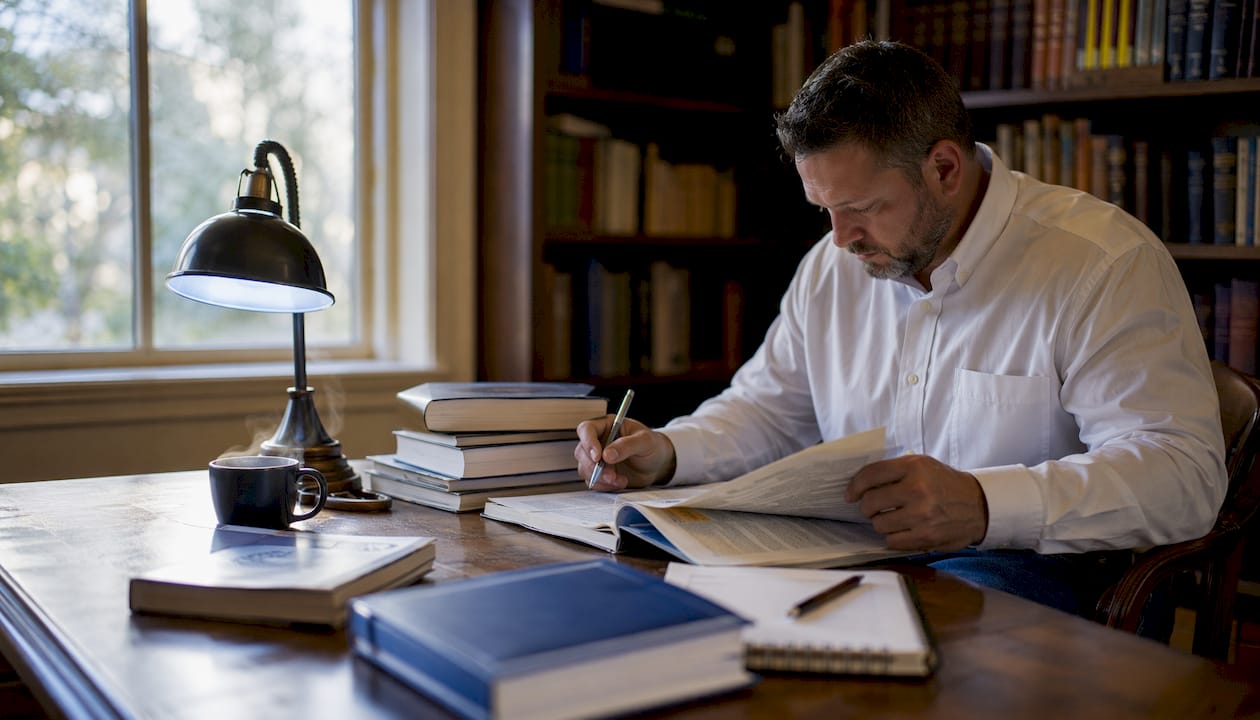 Home inspector reviewing training documents in office