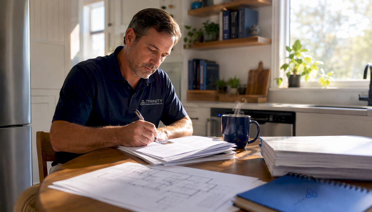 Home inspector updating inspection report at desk