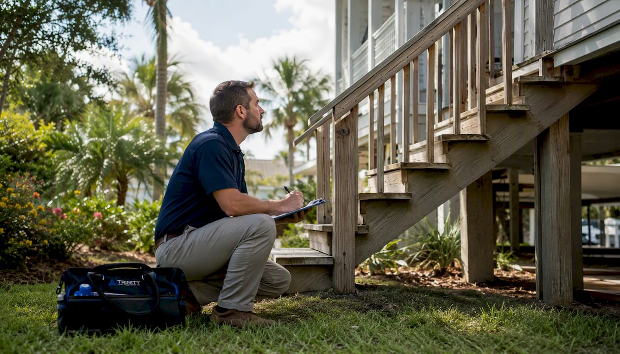 Home inspector checking Gulf Coast home's foundation