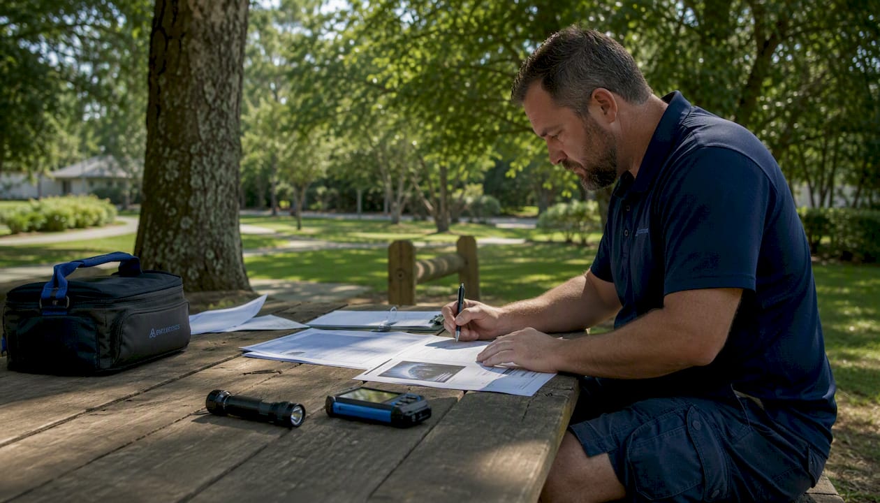 Tools and home inspection report on desk
