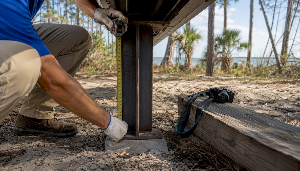 Close-up of measuring pier under manufactured home