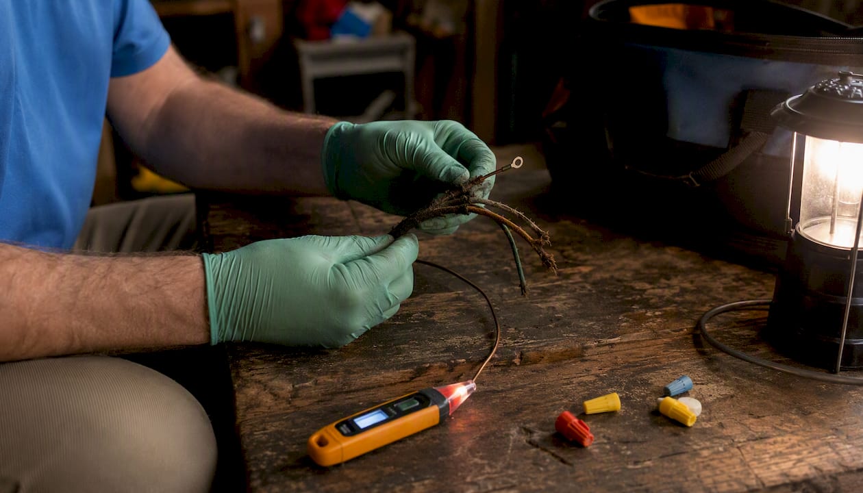 Close-up of ceiling fan wiring and tools for inspection