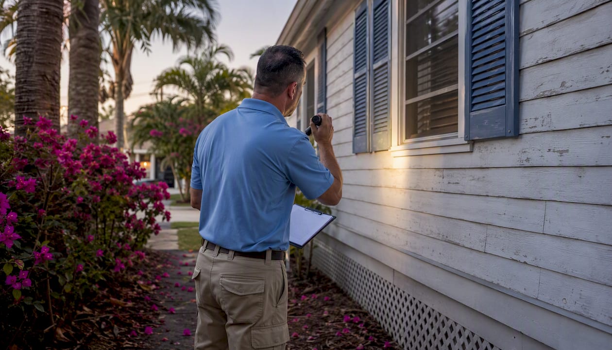 Home inspector in blue shirt inspecting house exterior