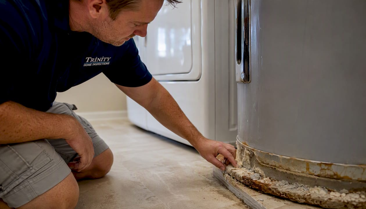 Close-up of inspector checking water heater base