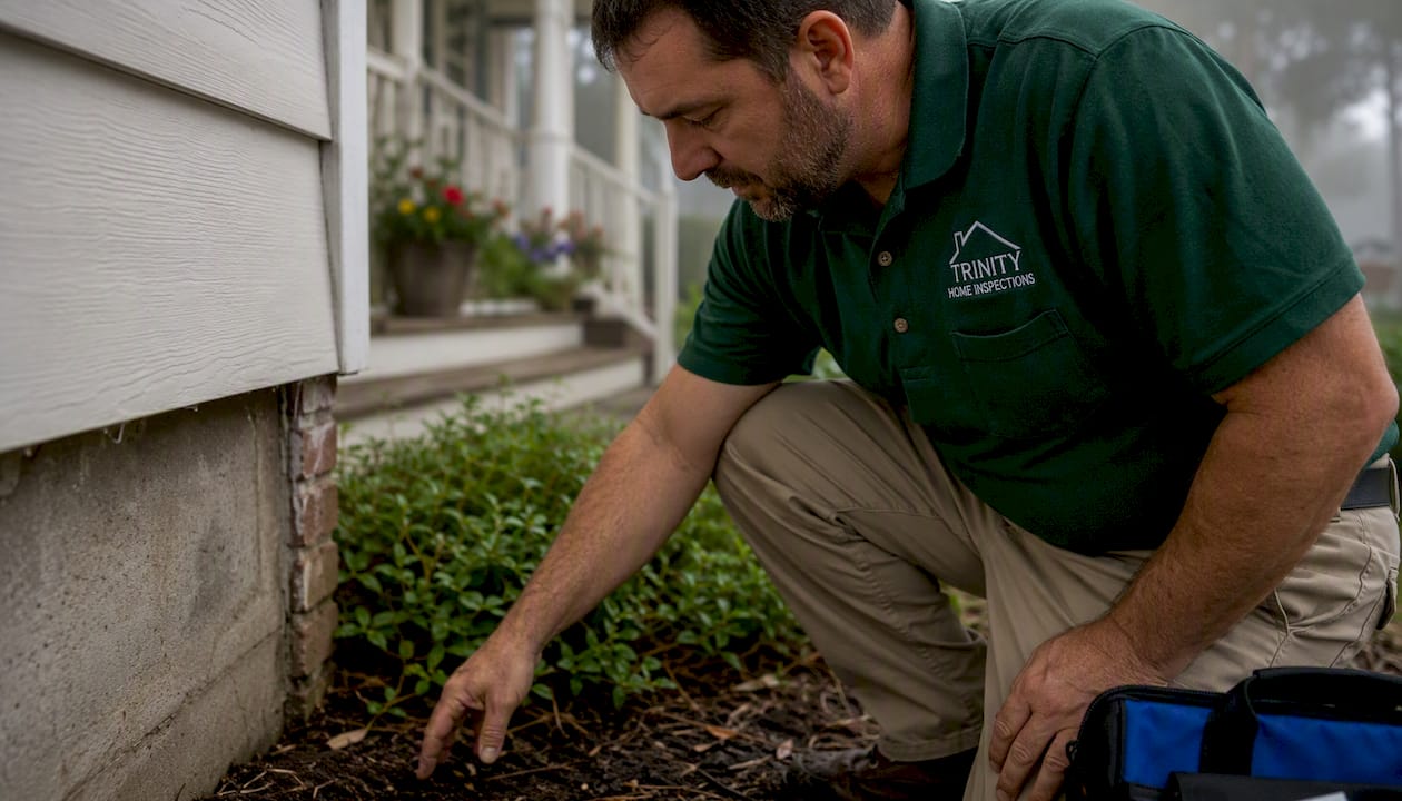 Inspector scanning home exterior with moisture meter
