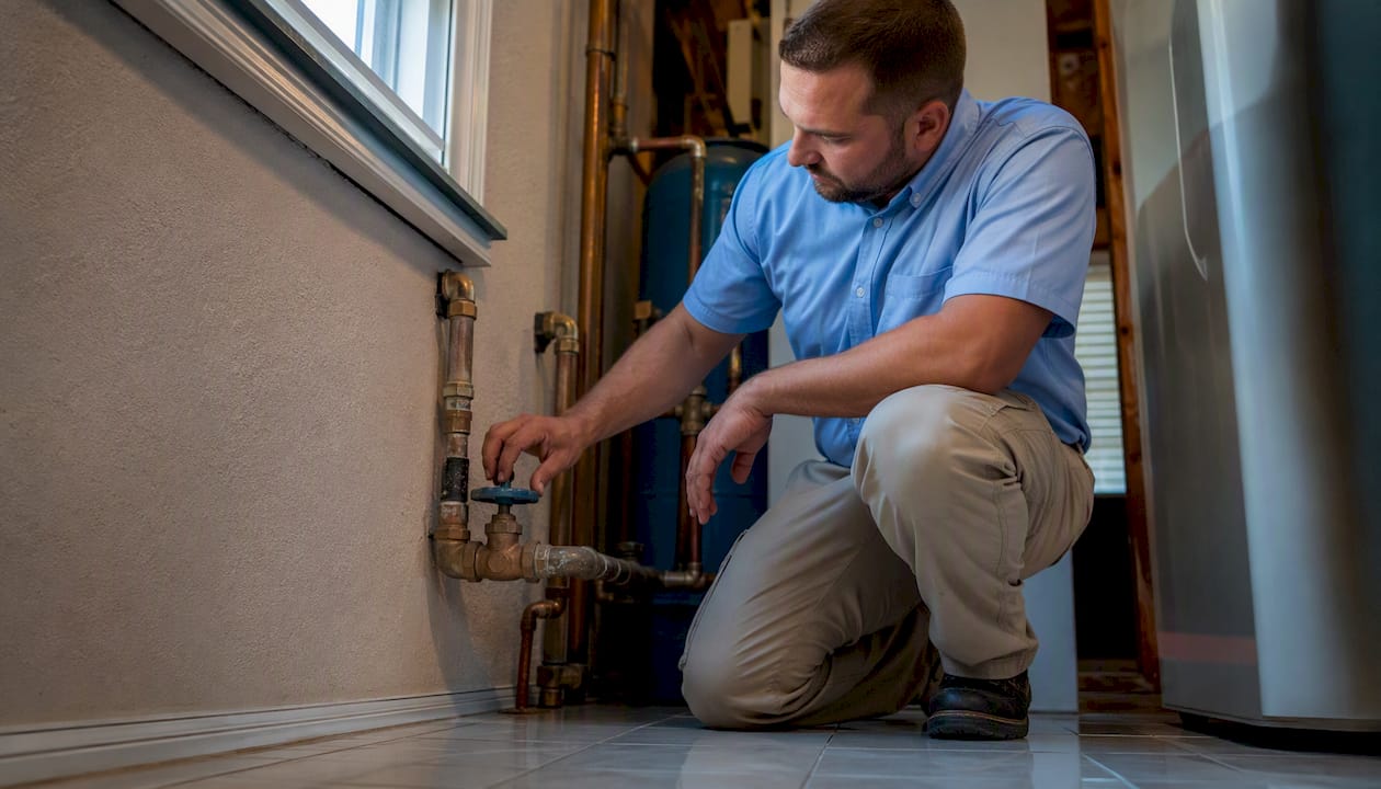 Inspector checking home water shut-off valve