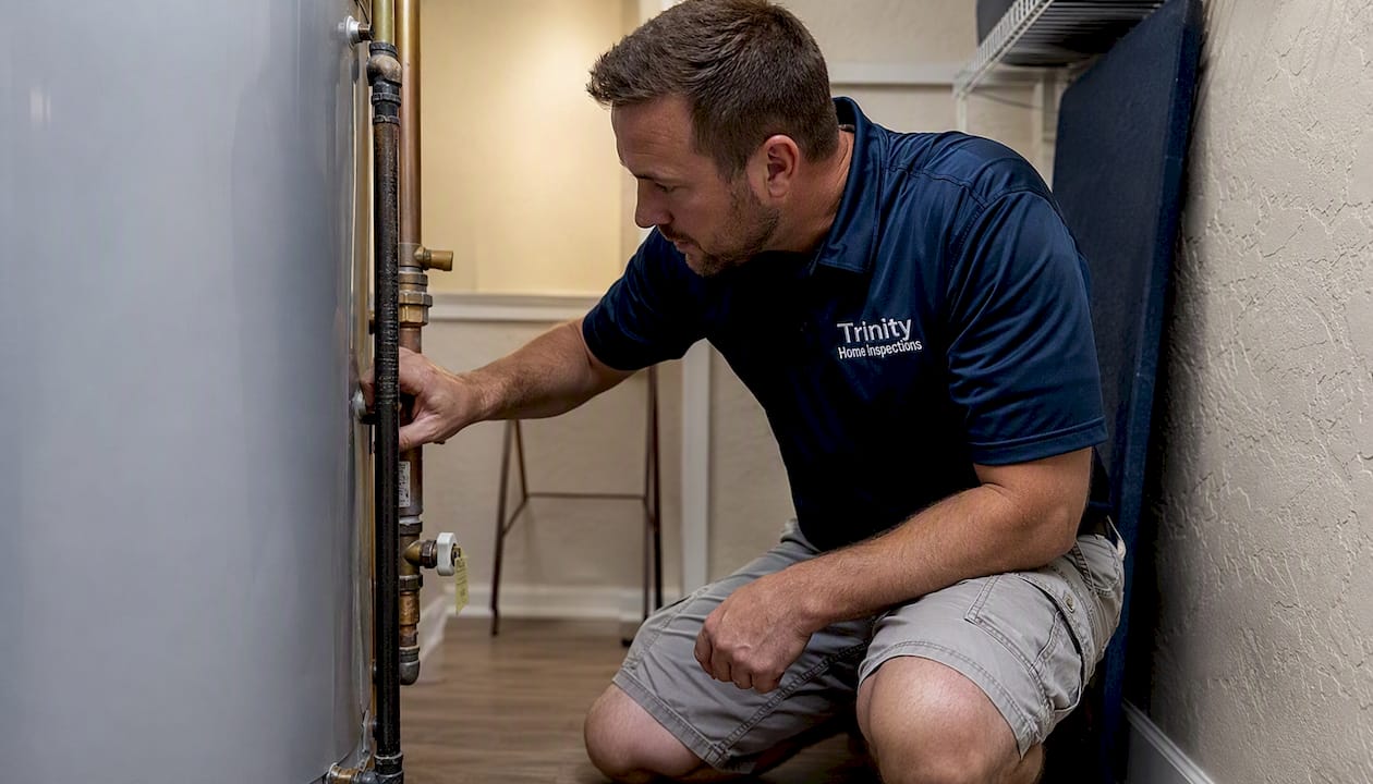 Inspector checking water heater pipes and valves