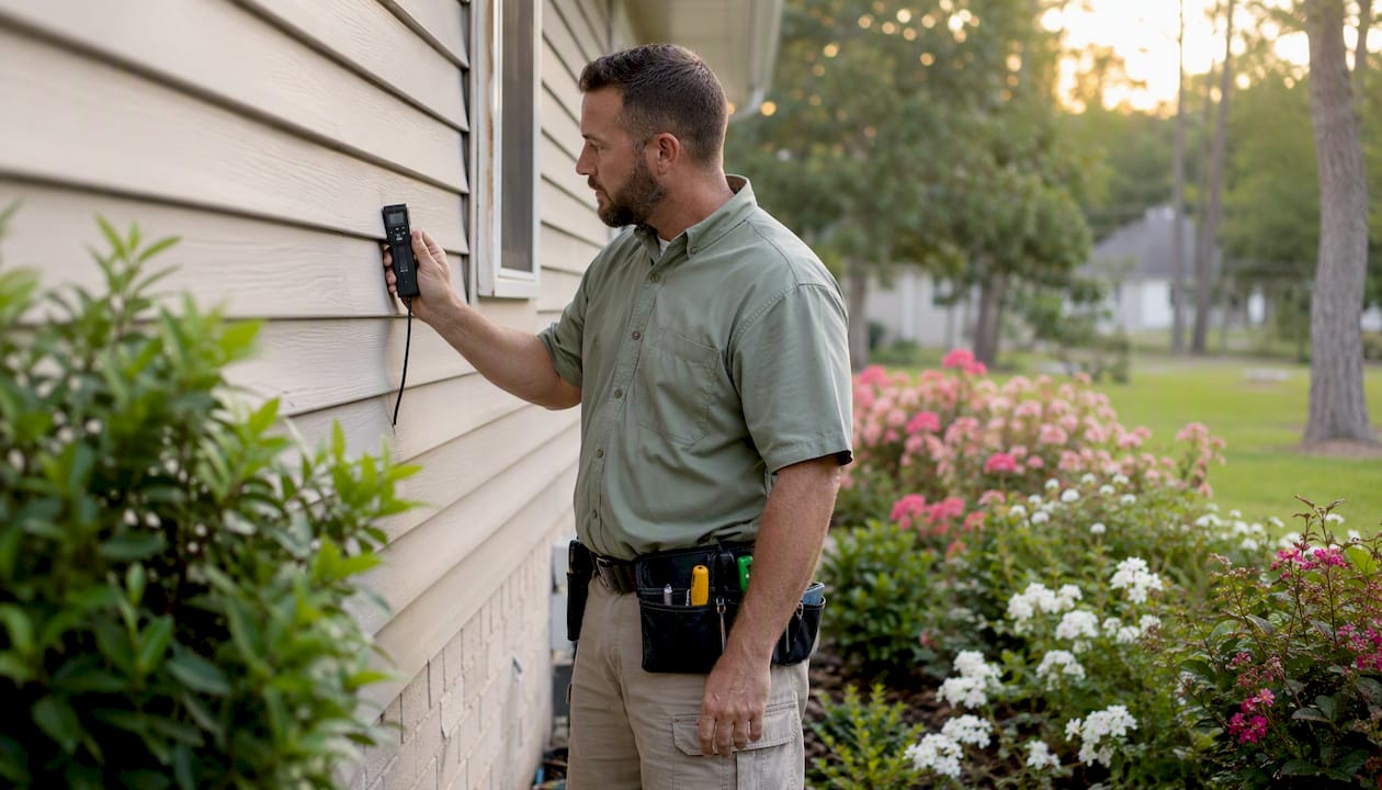 Home inspector examining Gulf Coast home exterior
