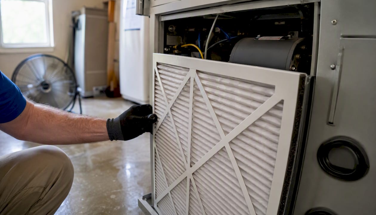 Hand installing clean HVAC filter in Gulf Coast home