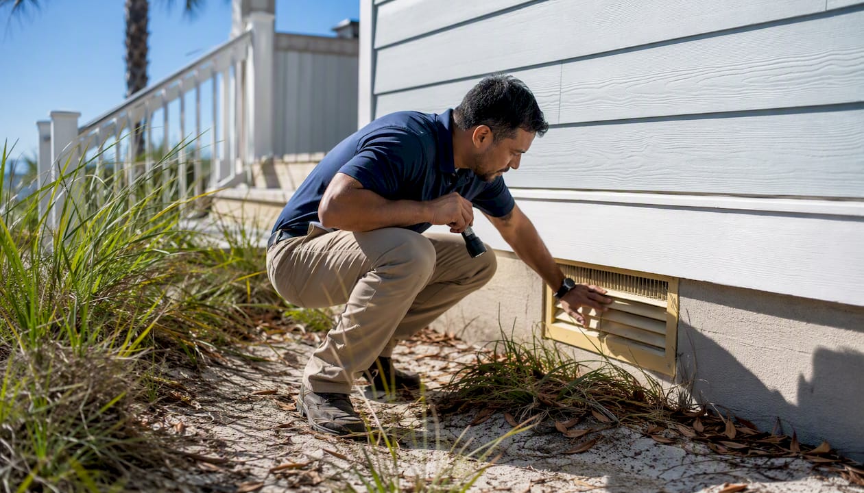 Home inspector examining crawlspace vent