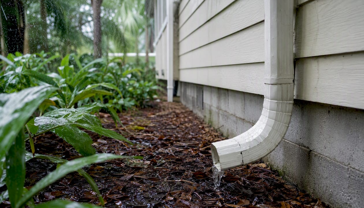 Rainwater draining from gutters near foundation