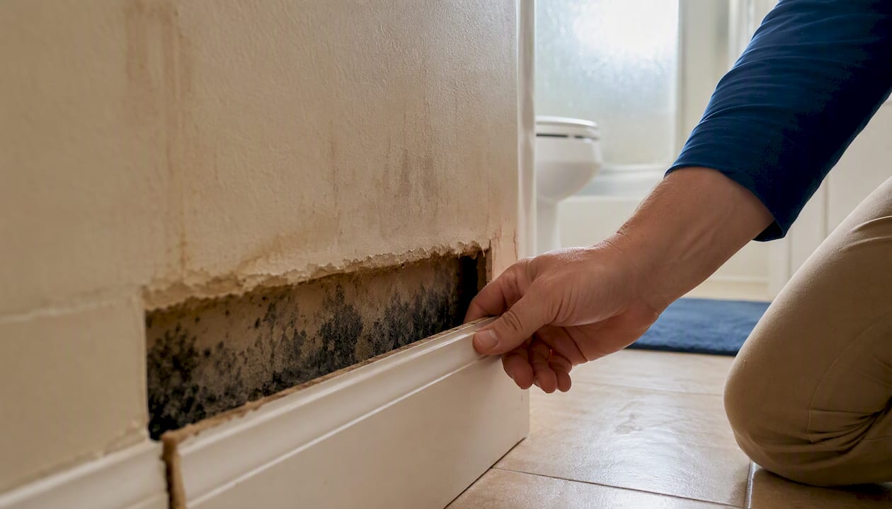 Drywall mold growth behind baseboard