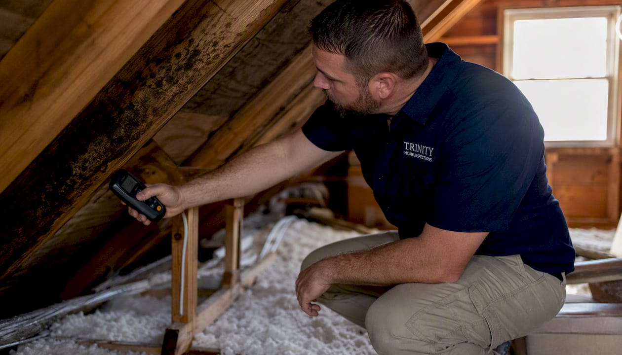 Home inspector testing attic mold with moisture meter