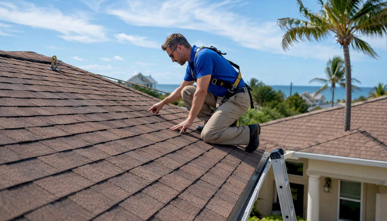 Inspector setting ladder on Gulf Coast roof