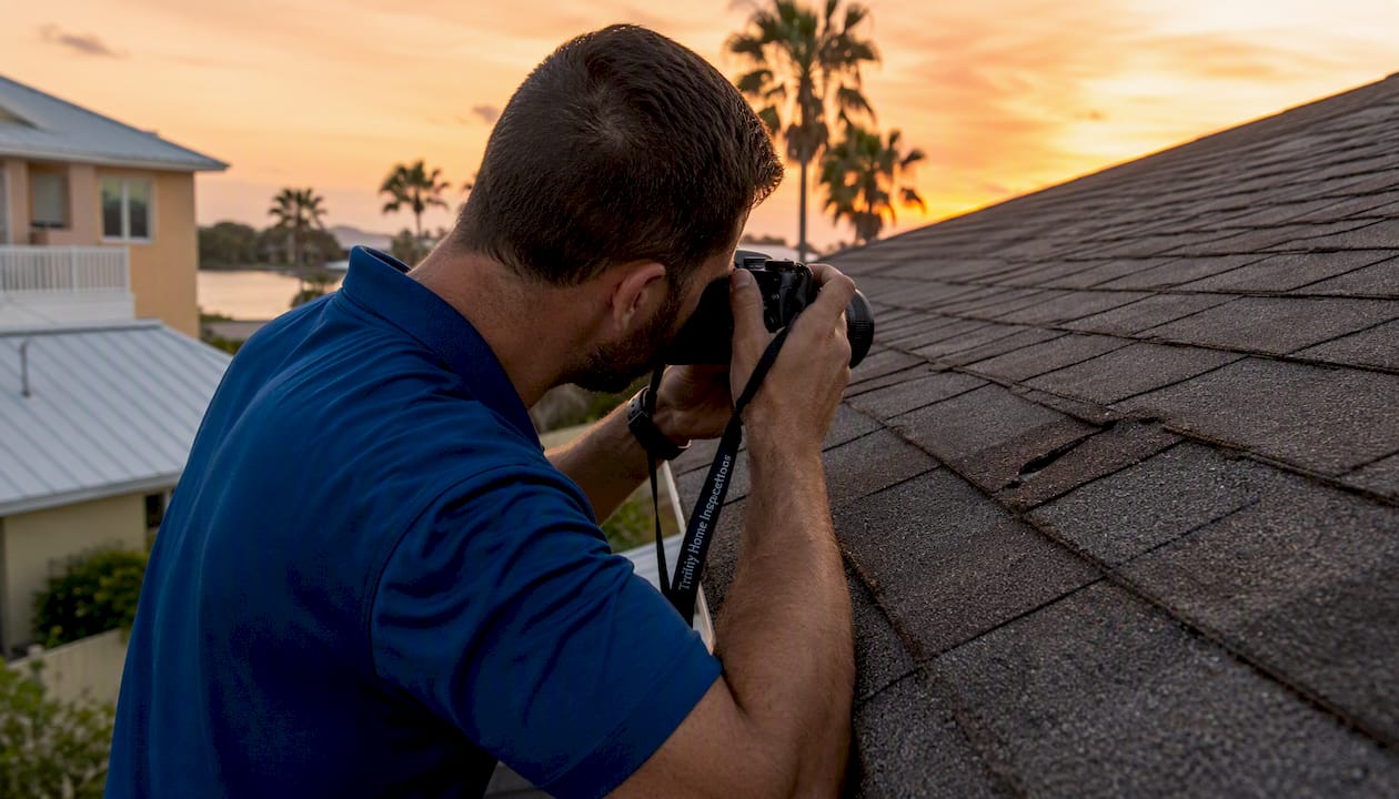 Inspector photographing cracked shingle on roof
