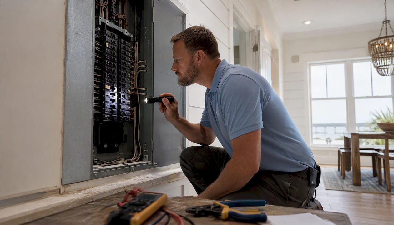 Inspector examining electrical panel with AFCI breakers